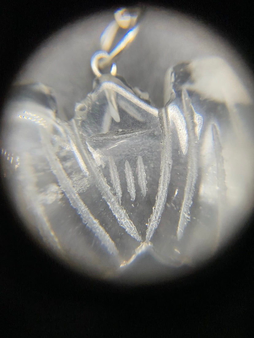 Carved Clear Quartz Bat Pendant Sterling Silver Necklace