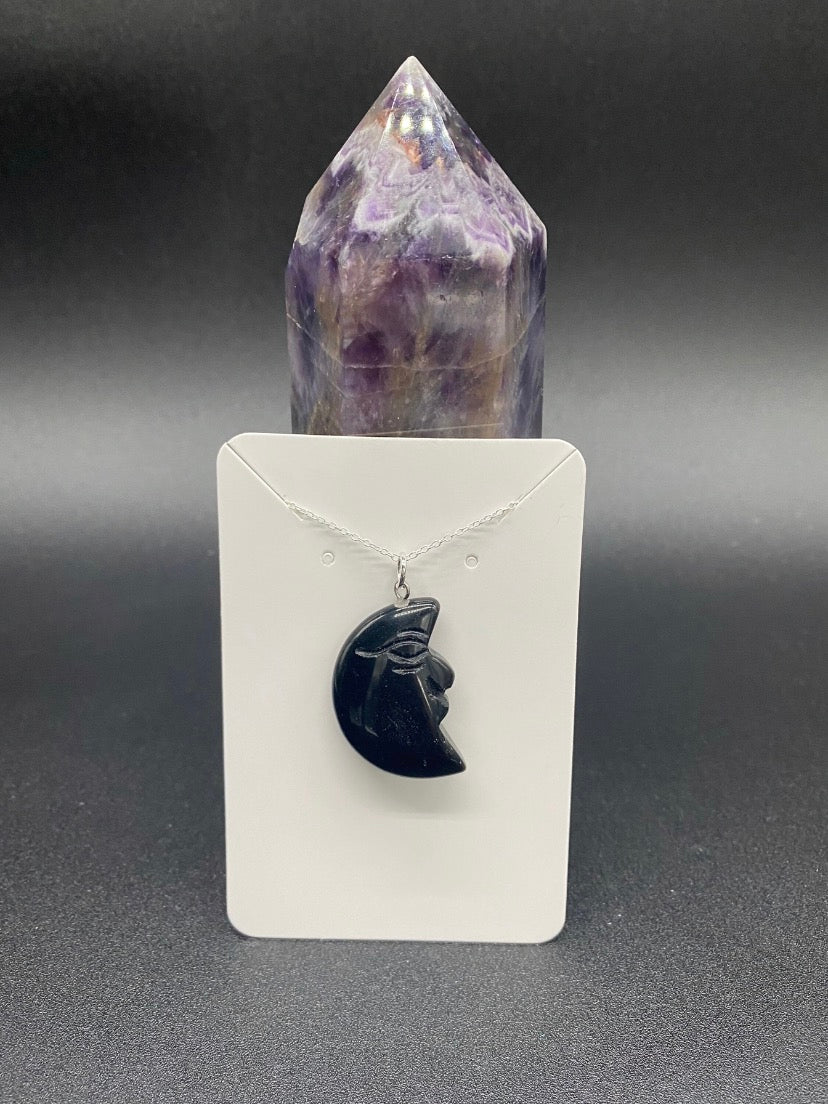 Black Agate Moon Man Pendant Sterling Silver Necklace