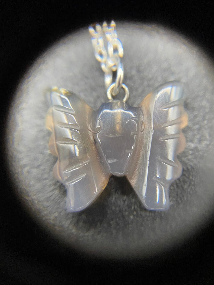 Carved Grey Agate Butterfly Sterling Silver Necklace