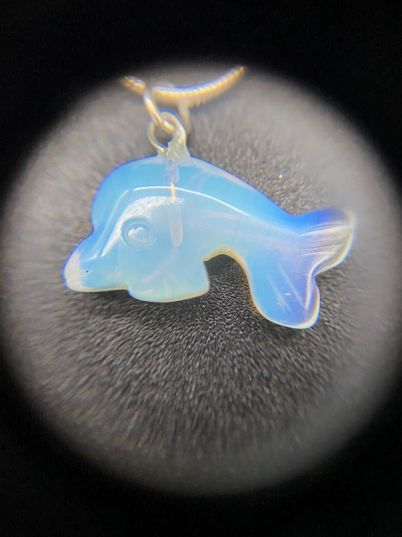 Opalite Dolphin Pendant Sterling Silver Necklace | Crystal Jewellery