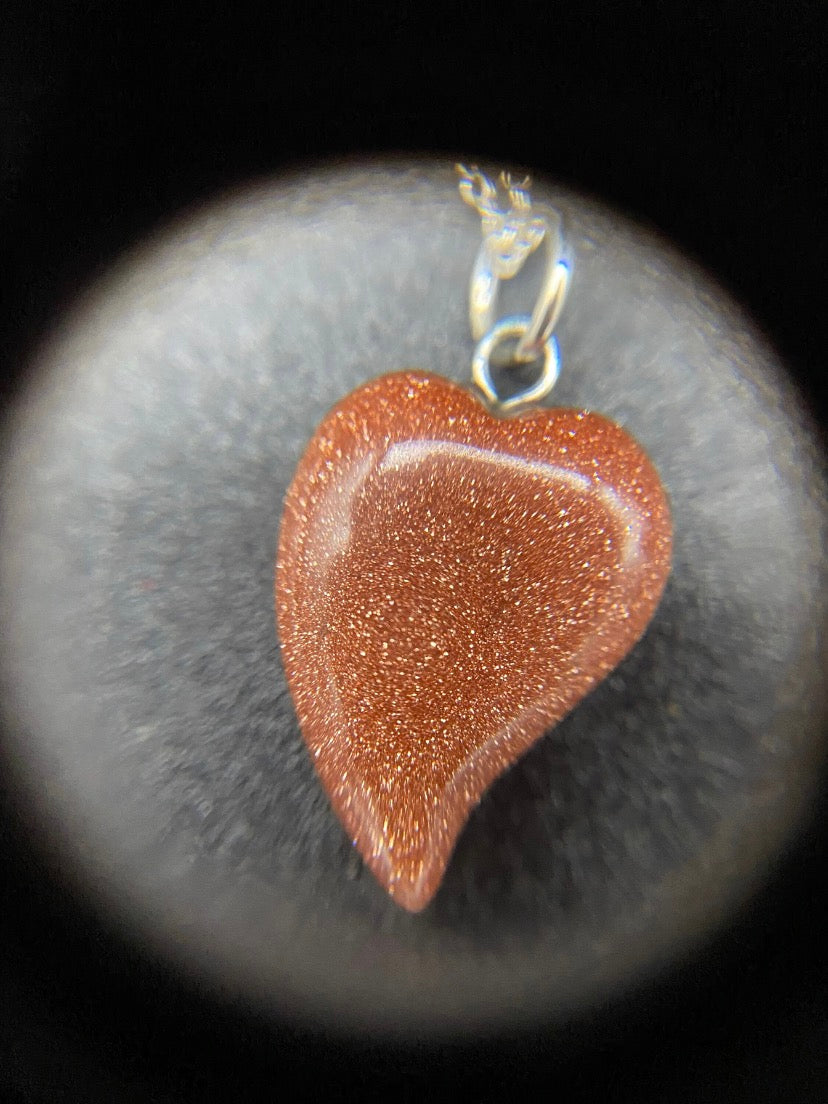 Brown Goldstone Curved Heart Pendant Sterling Silver Necklace
