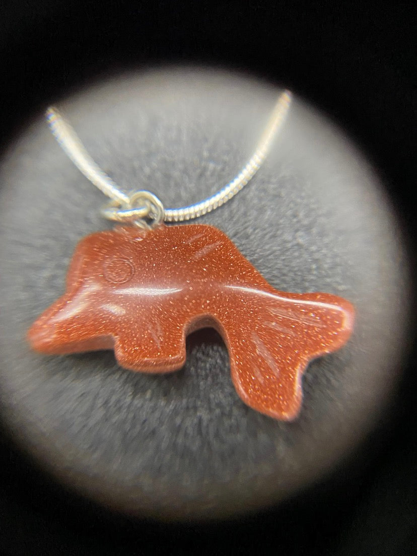 Carved Brown Goldstone Dolphin Pendant Sterling Silver Necklace