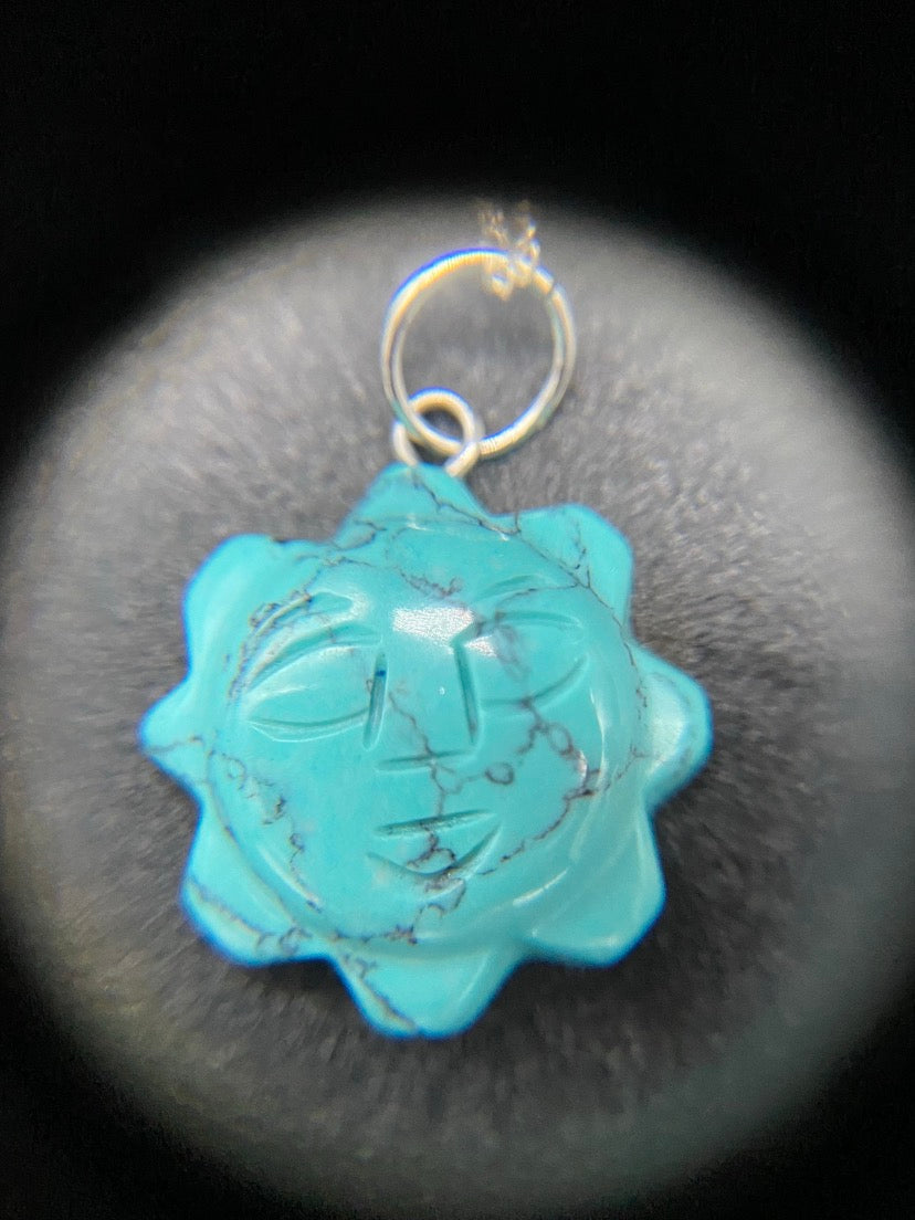 Turquoise Howlite Hand-Carved Sun Pendant Sterling Silver Necklace