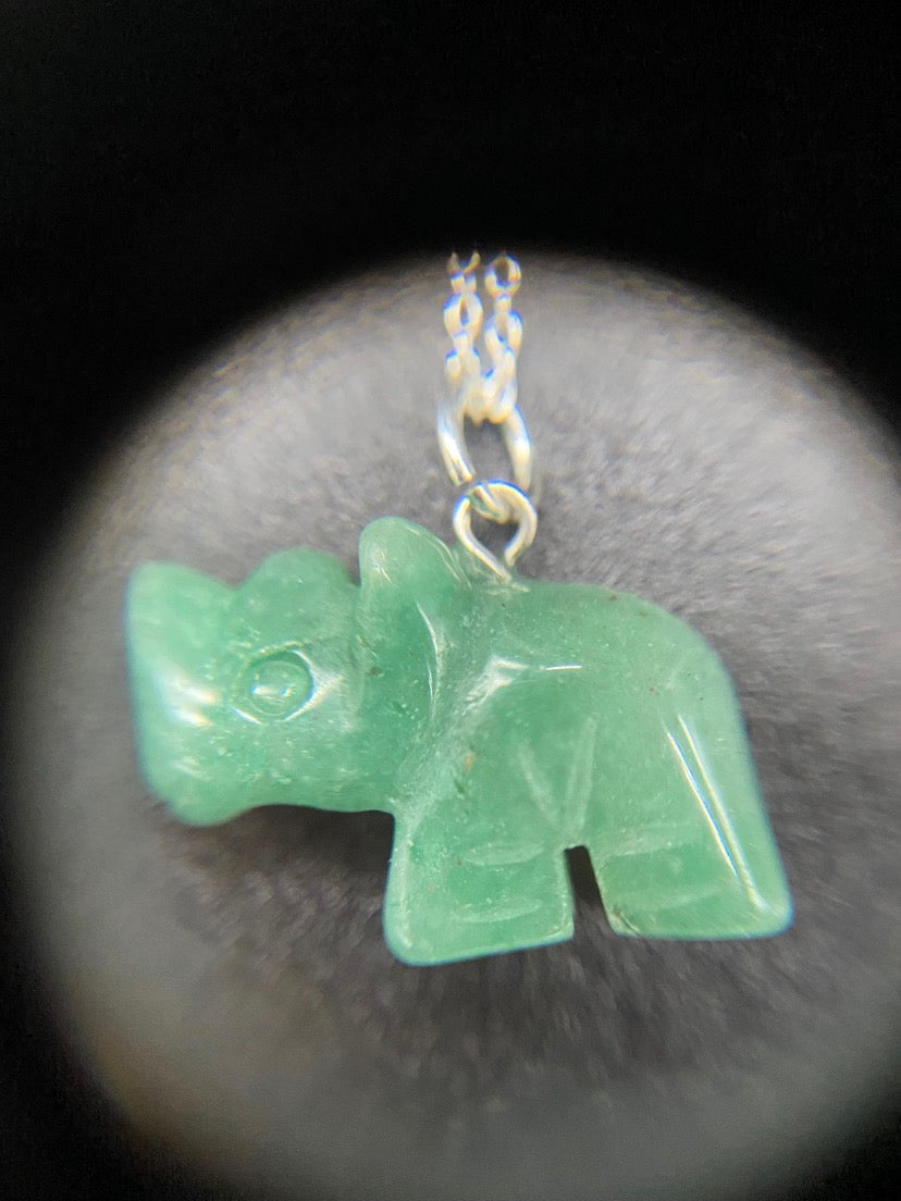 Green Aventurine Carved Rhino Sterling Silver Pendant Necklace