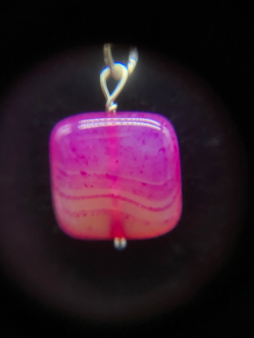 Fuchsia Pink Banded Agate Square Cushion Pendant Sterling Silver Necklace