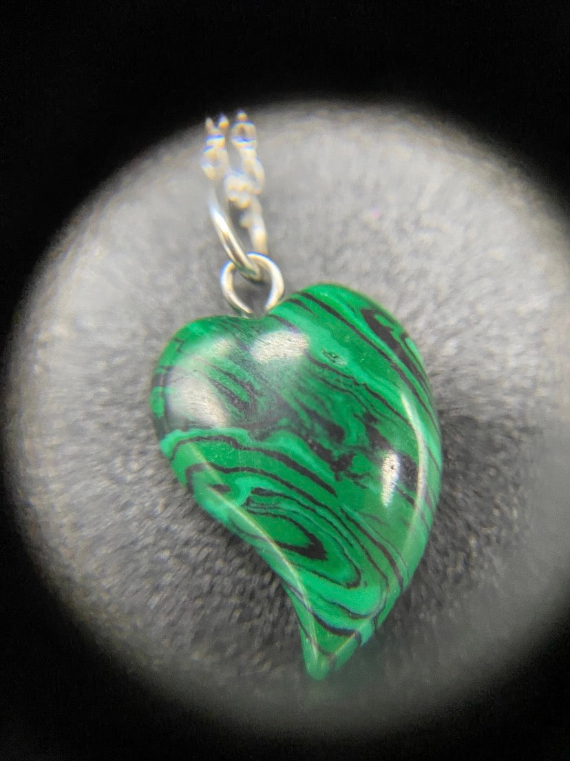Carved Green Howlite Curved Heart Pendant Sterling Silver Necklace