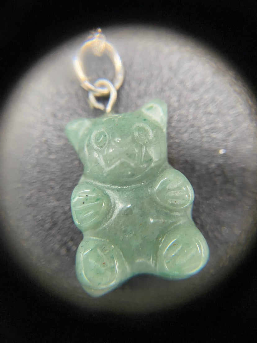 Green Aventurine Carved Gummy Bear Sterling Silver Pendant Necklace