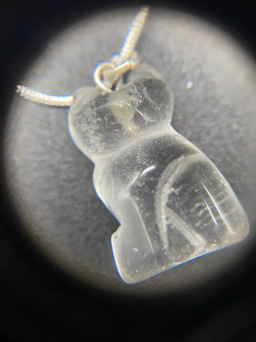 Carved Clear Quartz Cat Pendant Sterling Silver Necklace