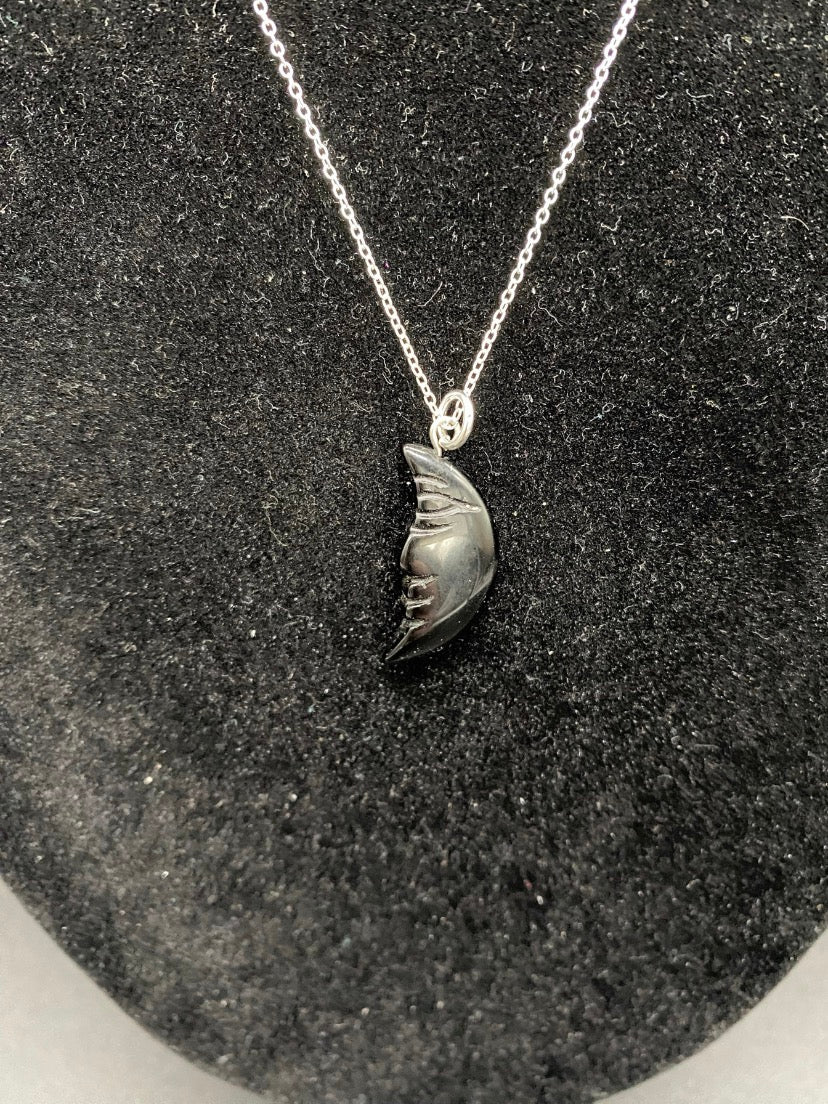 Black Agate Crescent Moon Sterling Silver Necklace