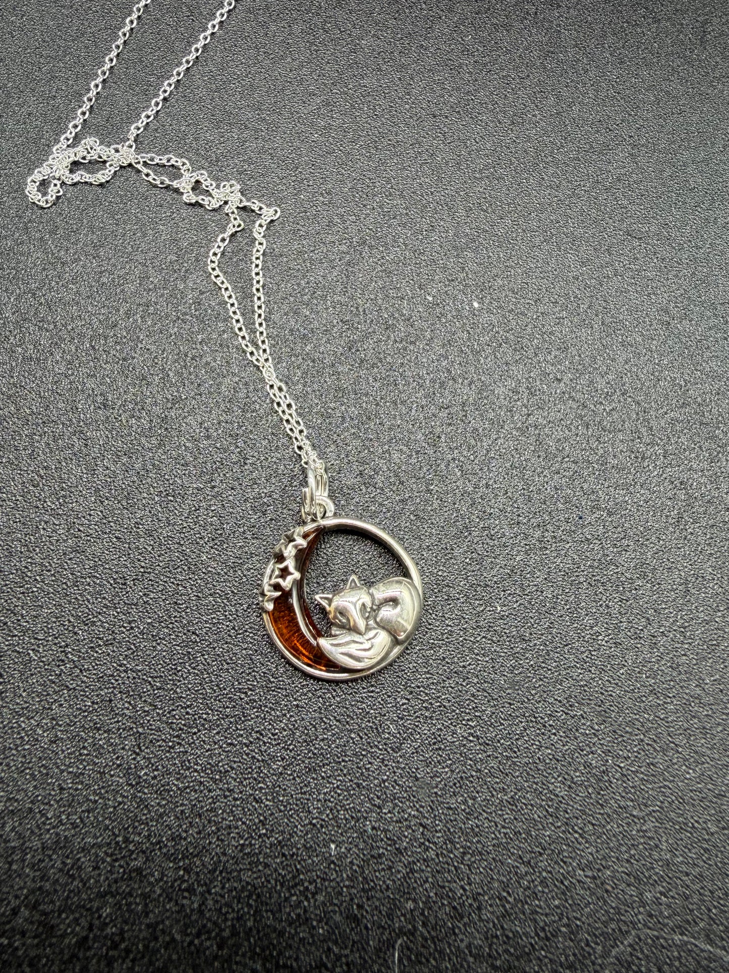 Baltic Amber Sleeping Fox on Crescent Moon Pendant Sterling Silver Necklace