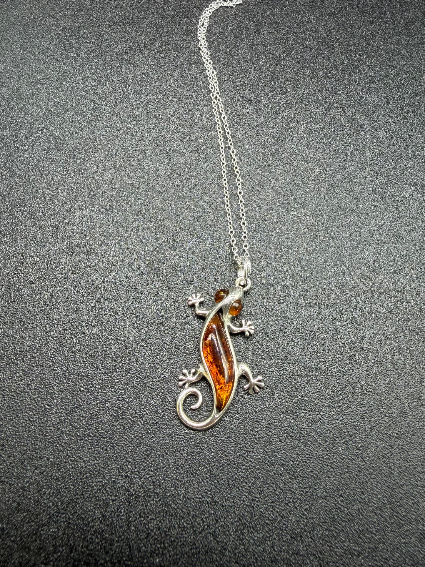 Baltic Amber Gecko Lizard Pendant Sterling Silver Necklace