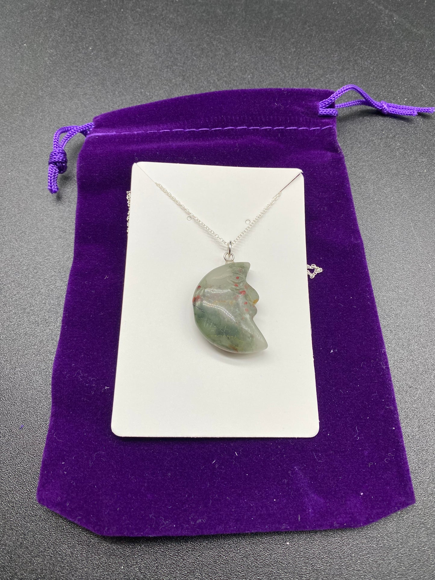 Hand-Carved Bloodstone Jasper Crescent Moon Pendant on Sterling Silver