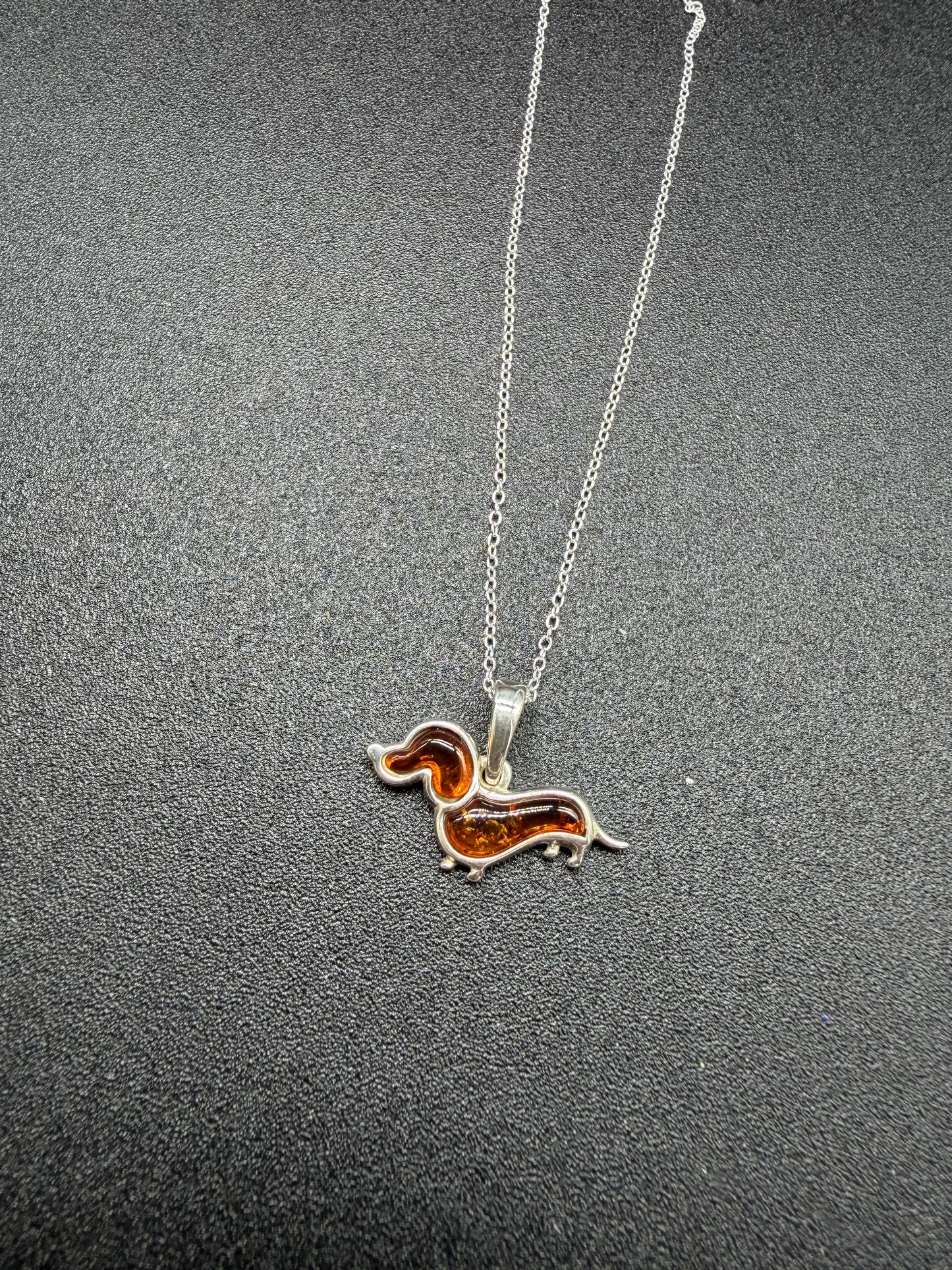 Baltic Amber Dachshund Sausage Dog Pendant Sterling Silver Necklace