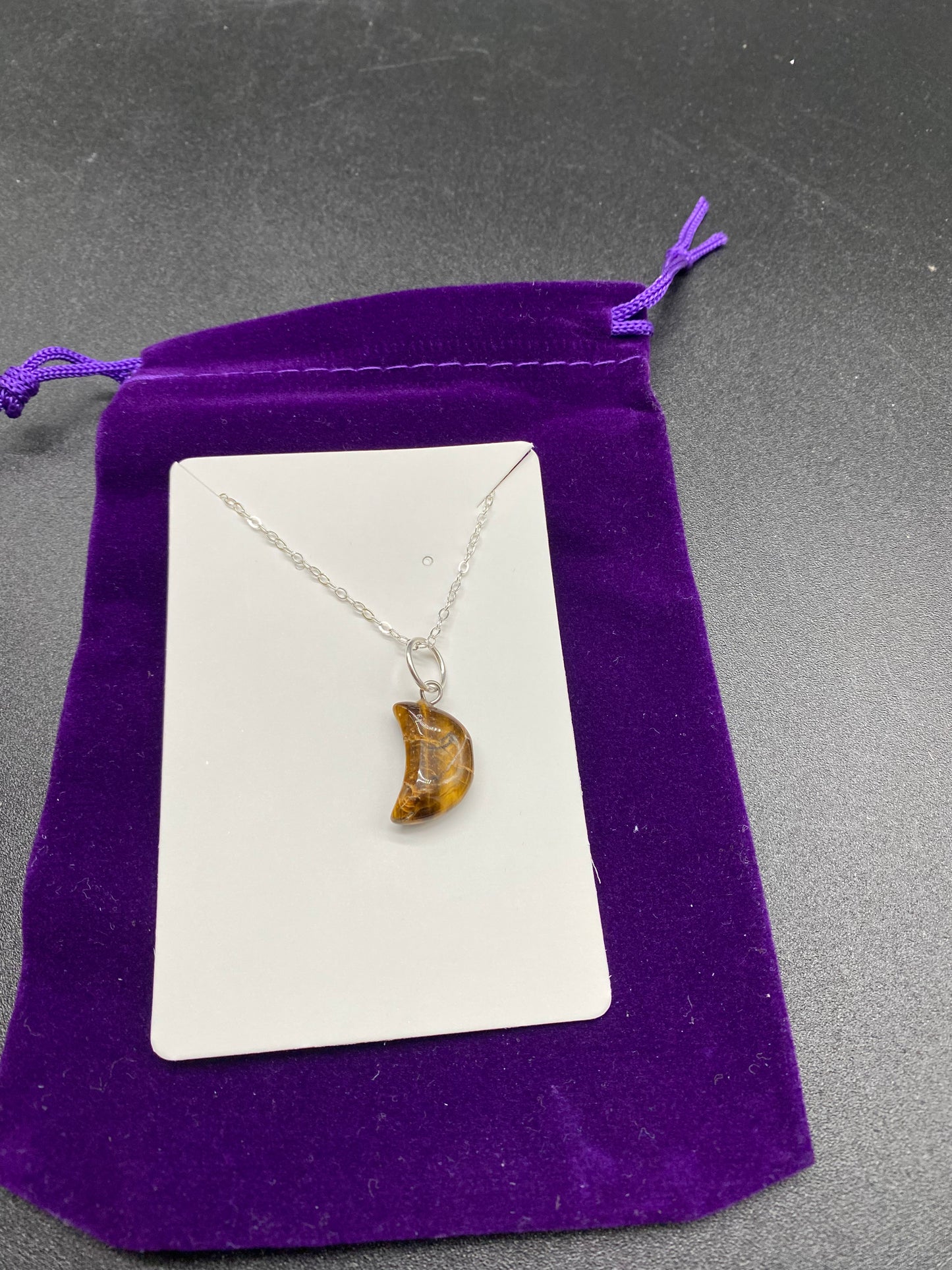 Tiger’s Eye Crescent Moon Pendant Sterling Silver Necklace