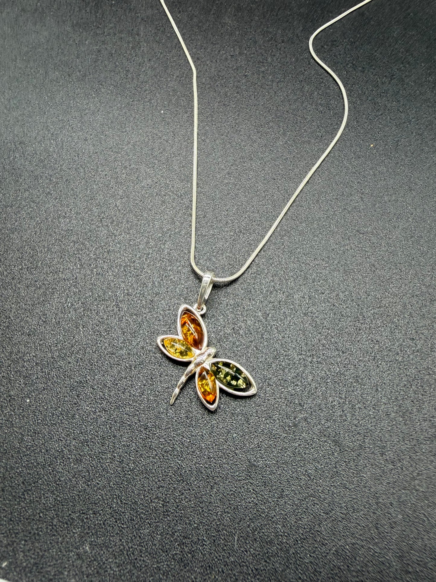 Multicolour Baltic Amber Dragonfly Pendant Sterling Silver Necklace