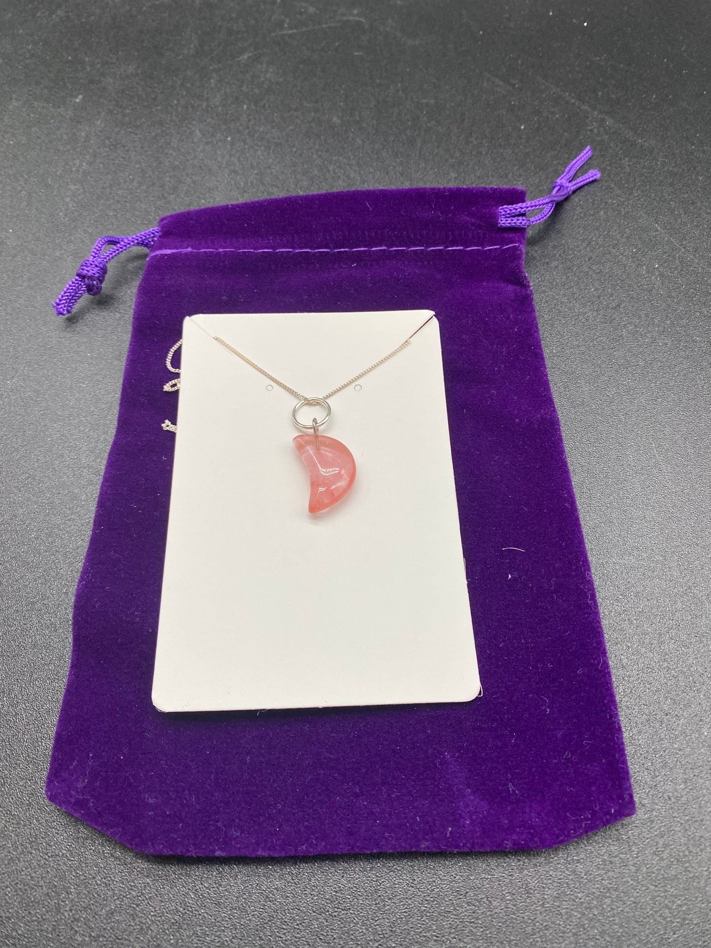 Strawberry Quartz Necklace, Pink Crystal Moon Pendant, Sterling Silver Dainty Jewellery, Glimmering Quartz Celestial Charm