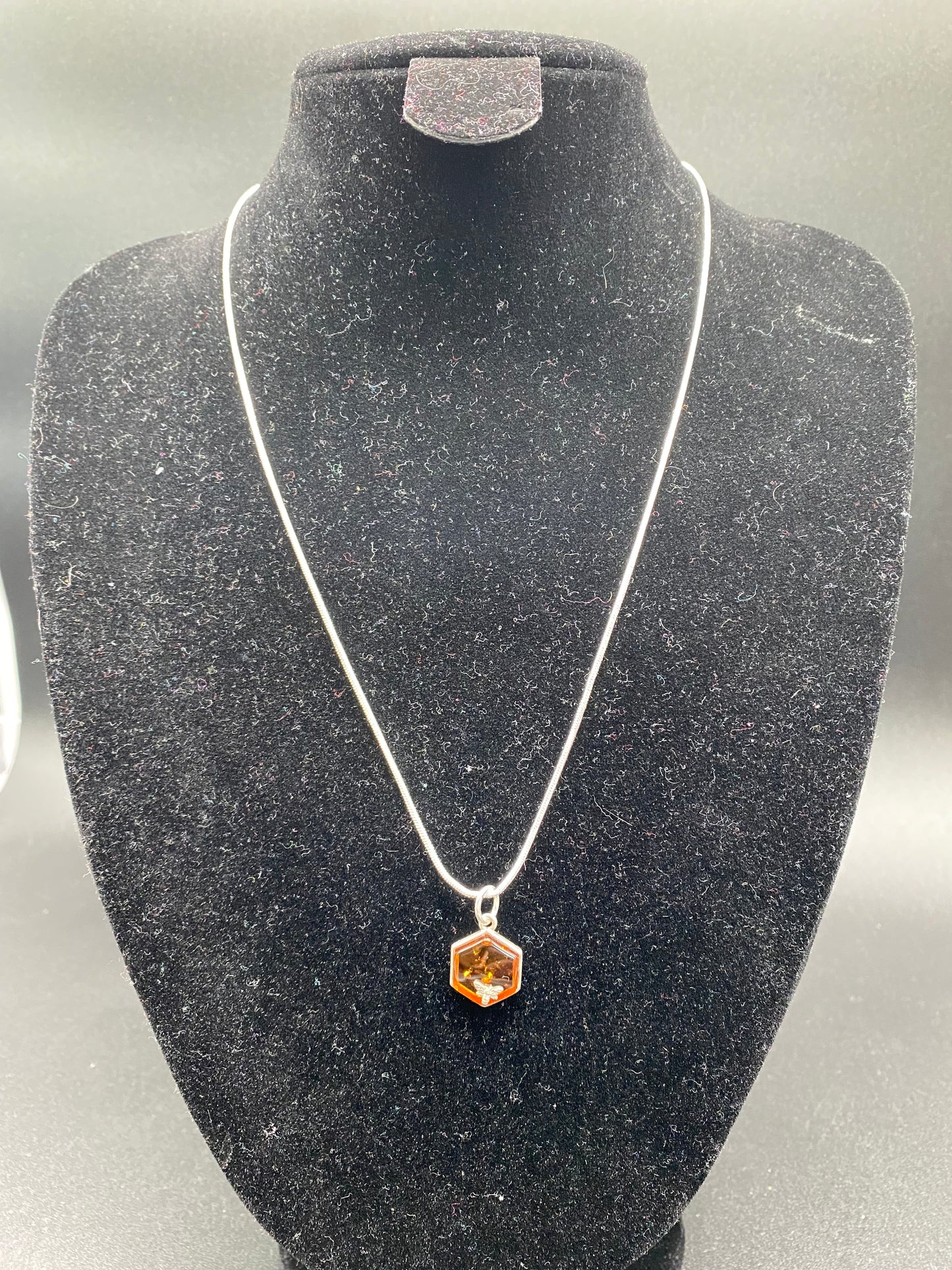 Cognac Baltic Amber Honeycomb and Bee Sterling Silver Necklace