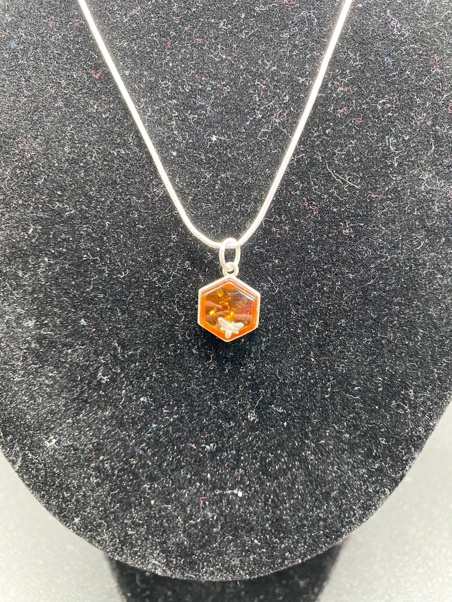 Cognac Baltic Amber Honeycomb and Bee Sterling Silver Necklace