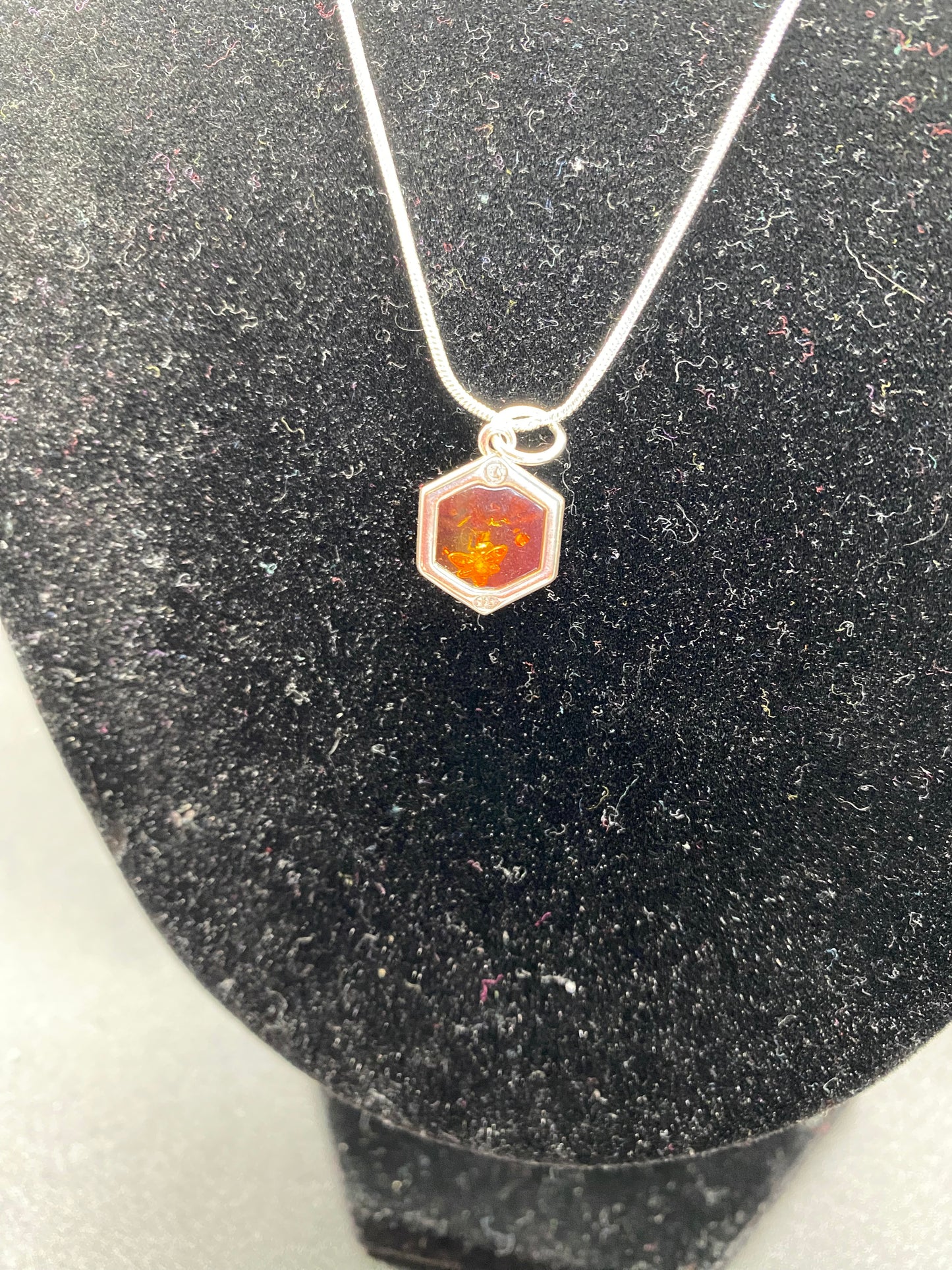 Cognac Baltic Amber Honeycomb and Bee Sterling Silver Necklace