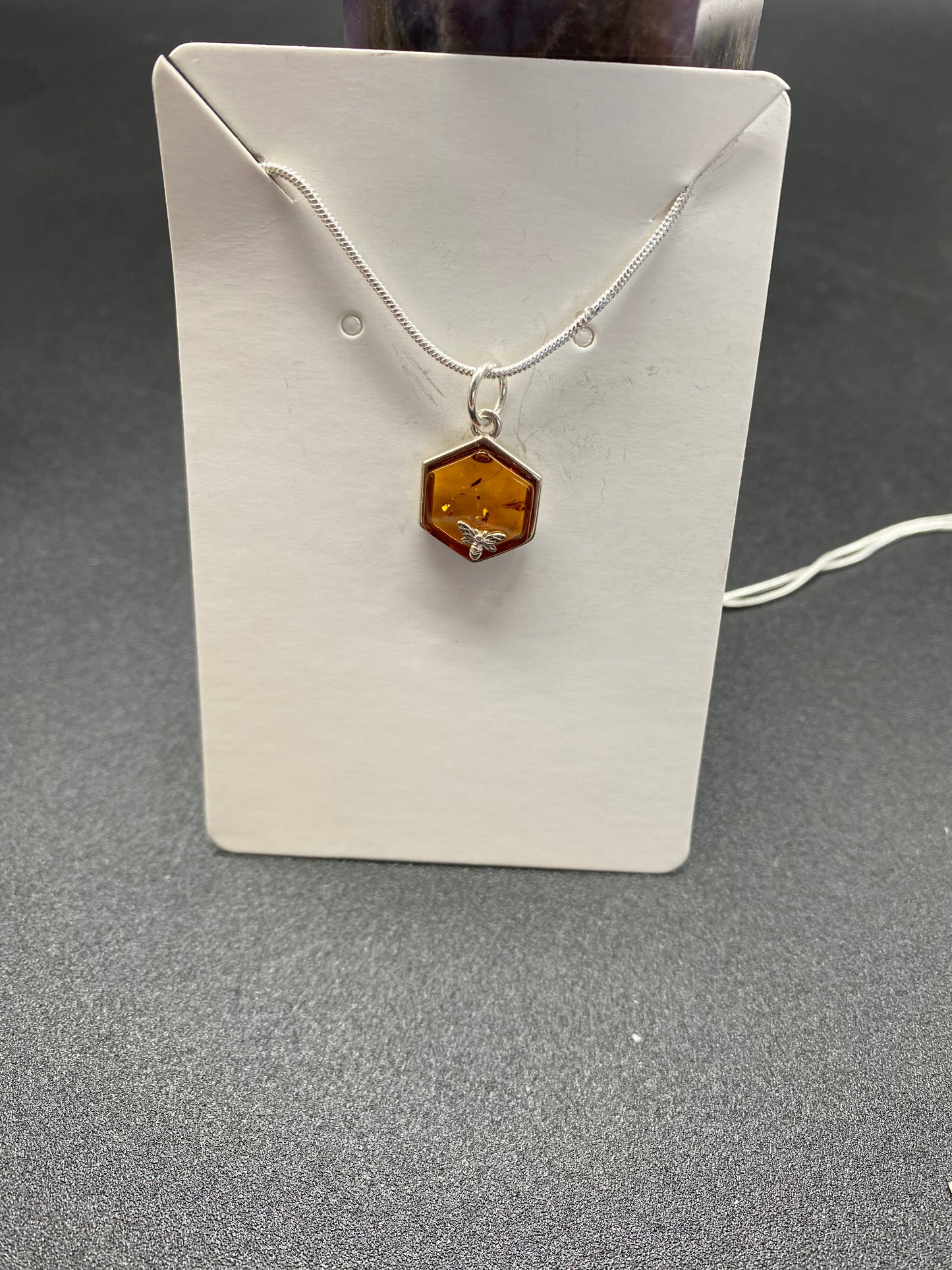 Cognac Baltic Amber Honeycomb and Bee Sterling Silver Necklace