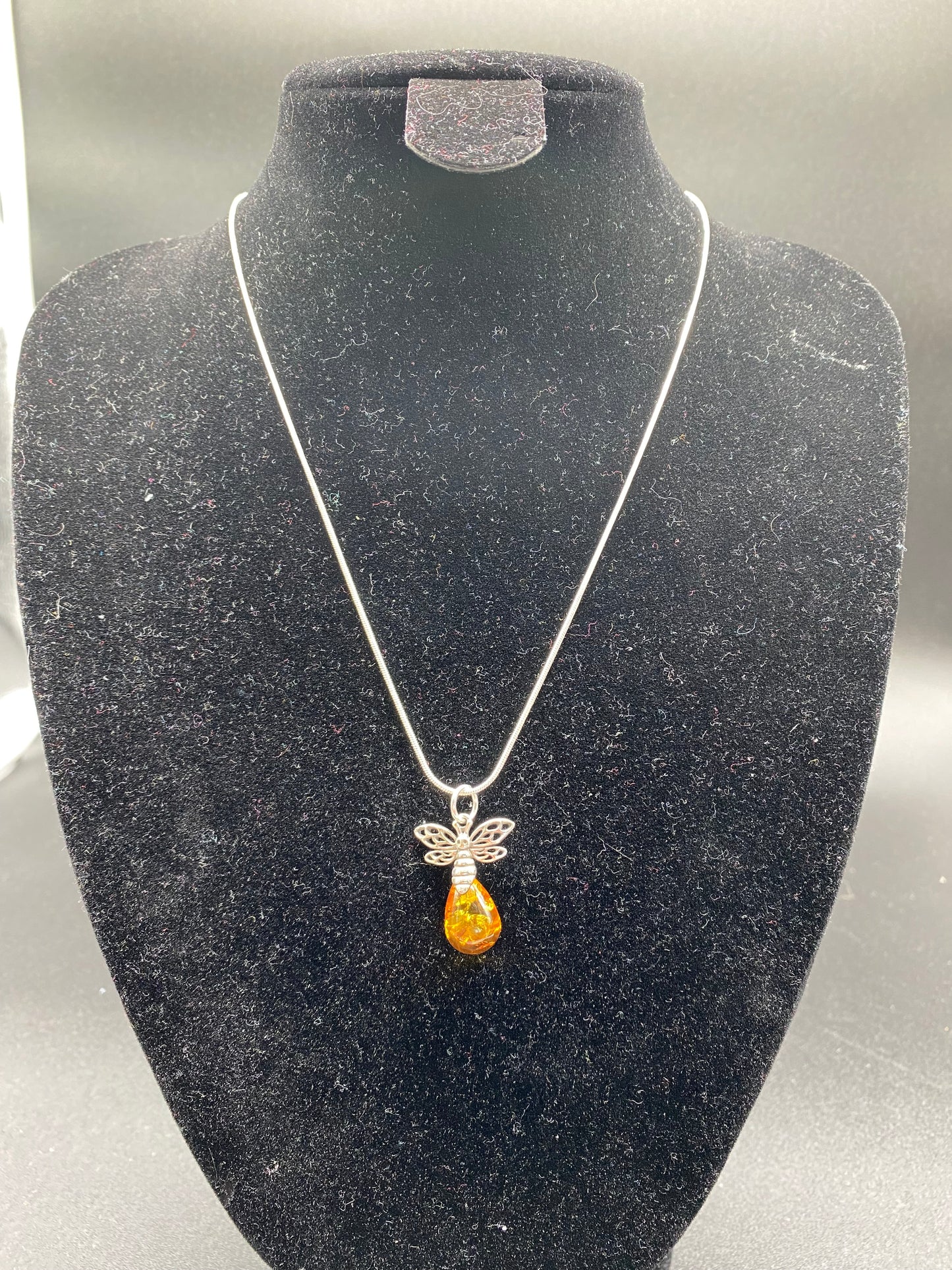 Cognac Baltic Amber Bee Sterling Silver Necklace
