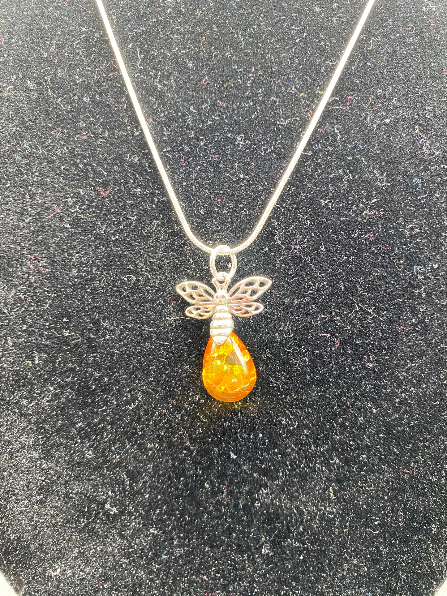 Cognac Baltic Amber Bee Sterling Silver Necklace