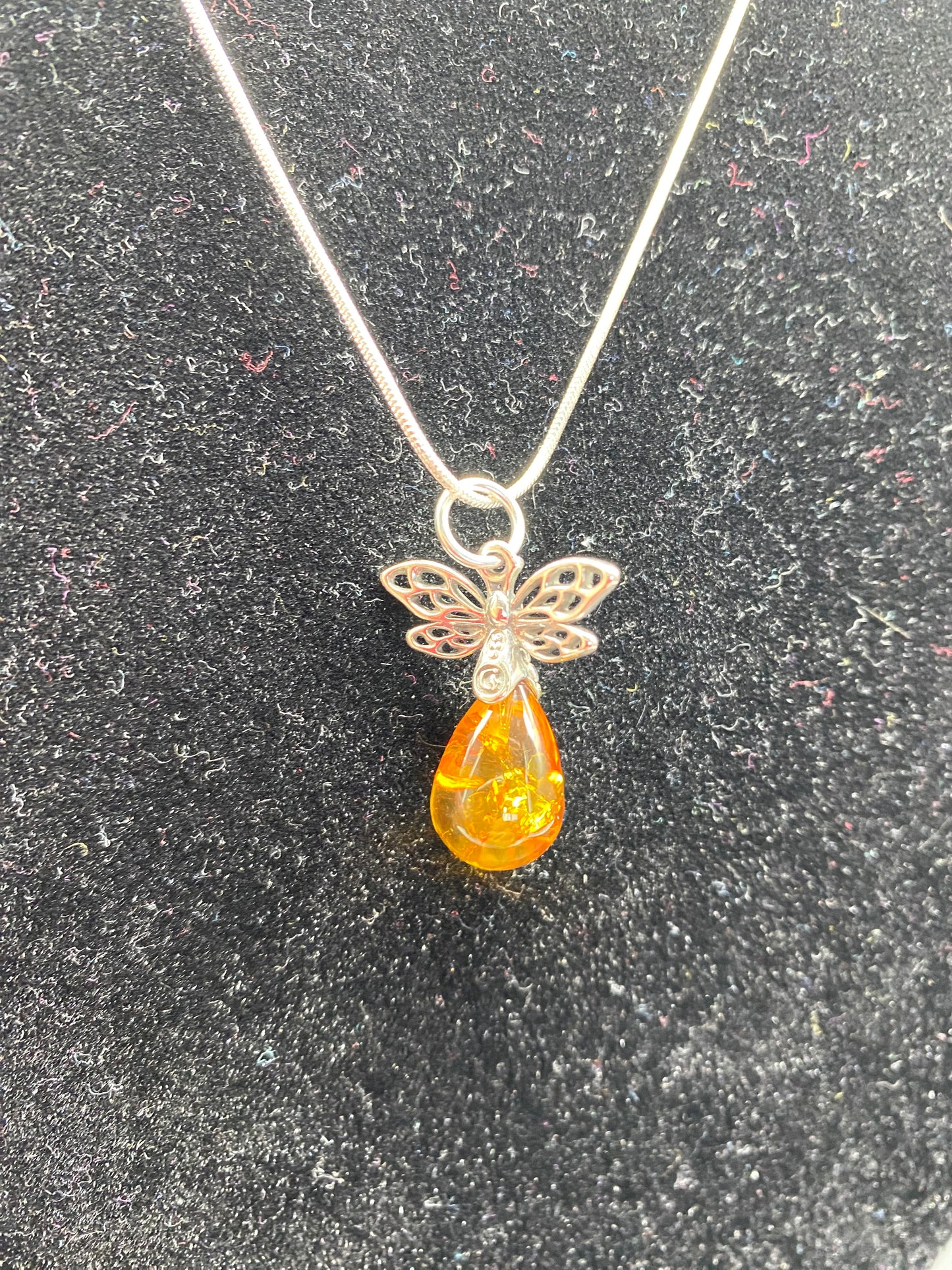 Cognac Baltic Amber Bee Sterling Silver Necklace