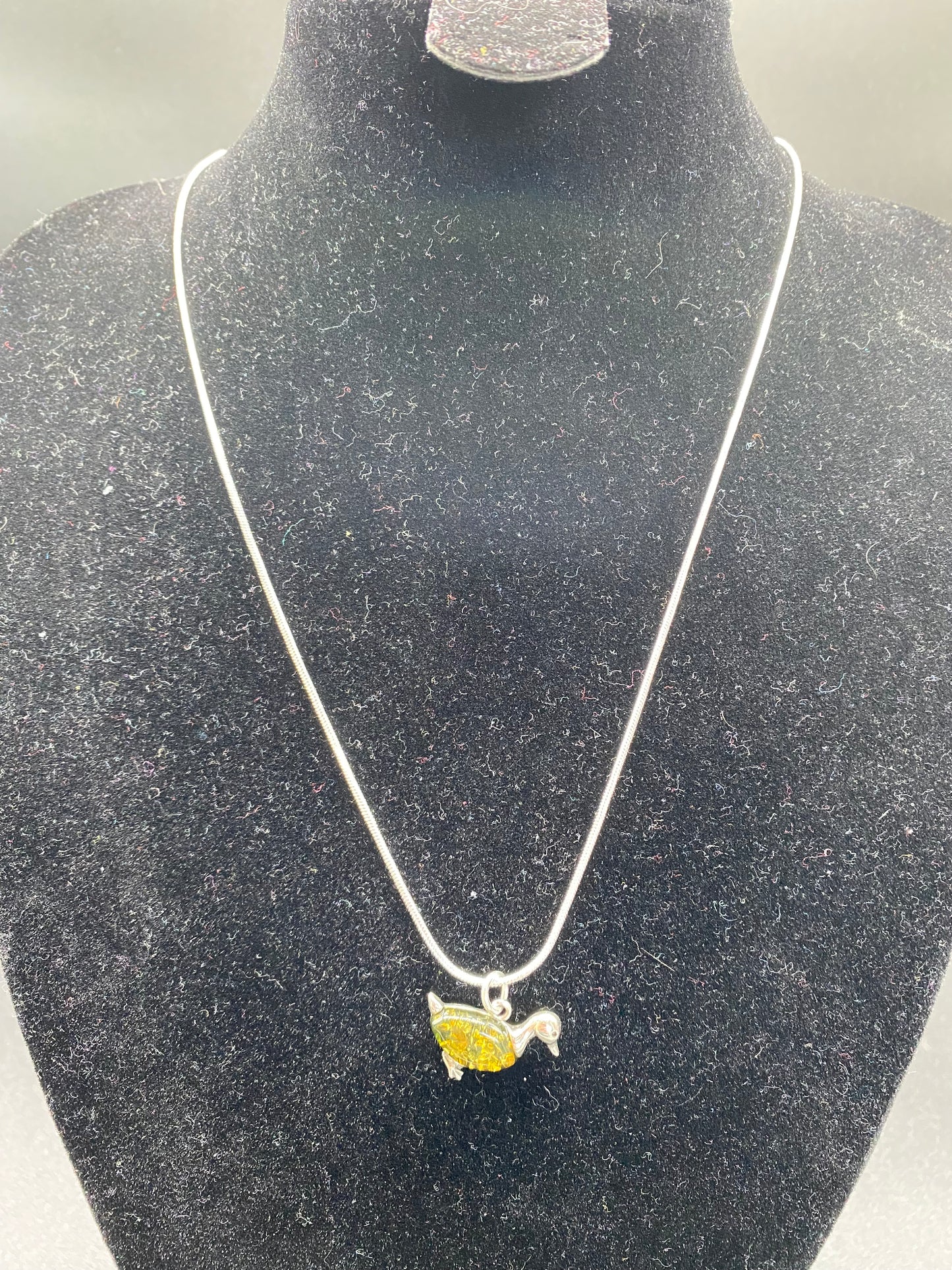 Green Baltic Amber Duck Sterling Silver Necklace