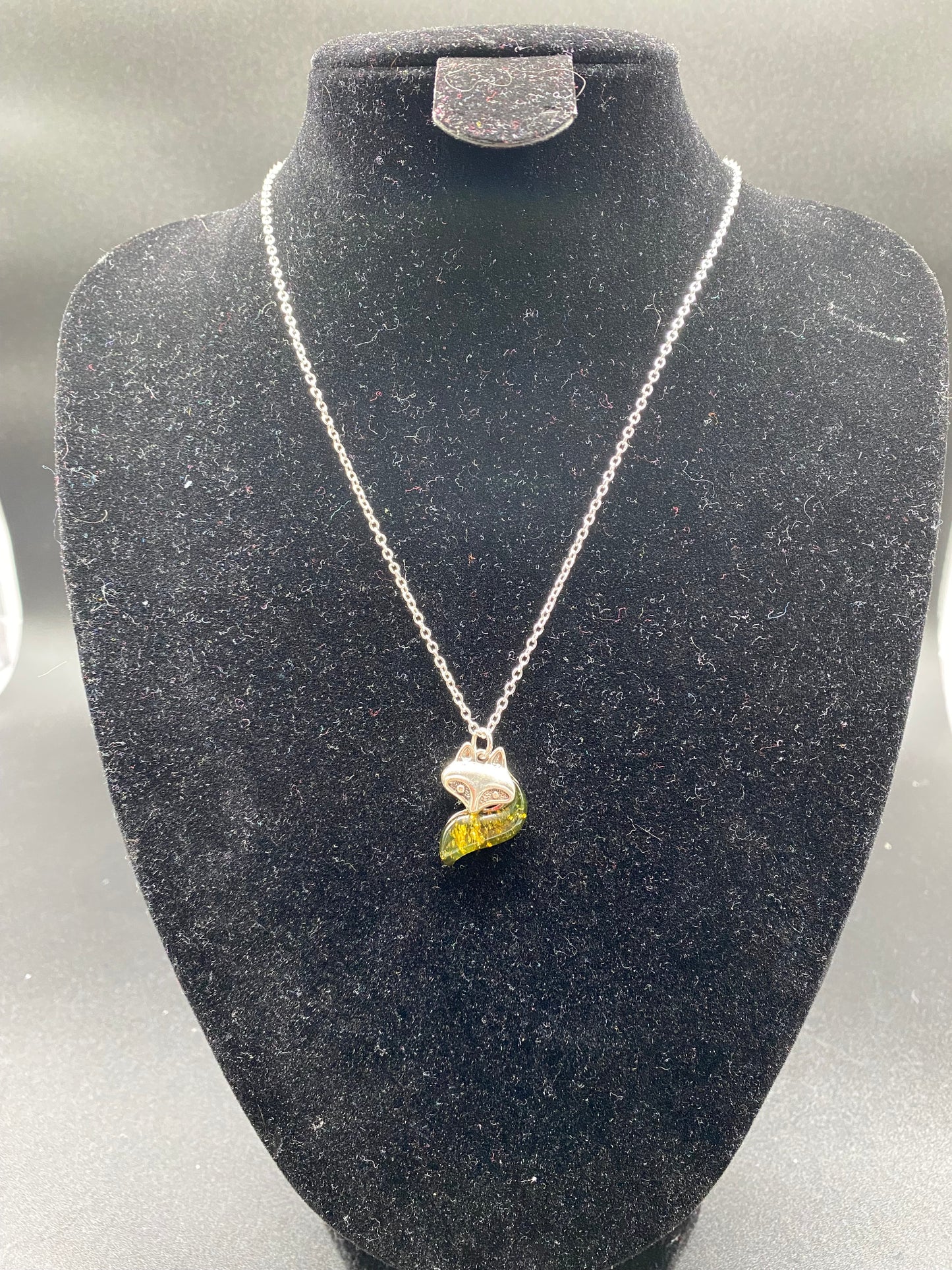 Green Baltic Amber Fox Sterling Silver Necklace