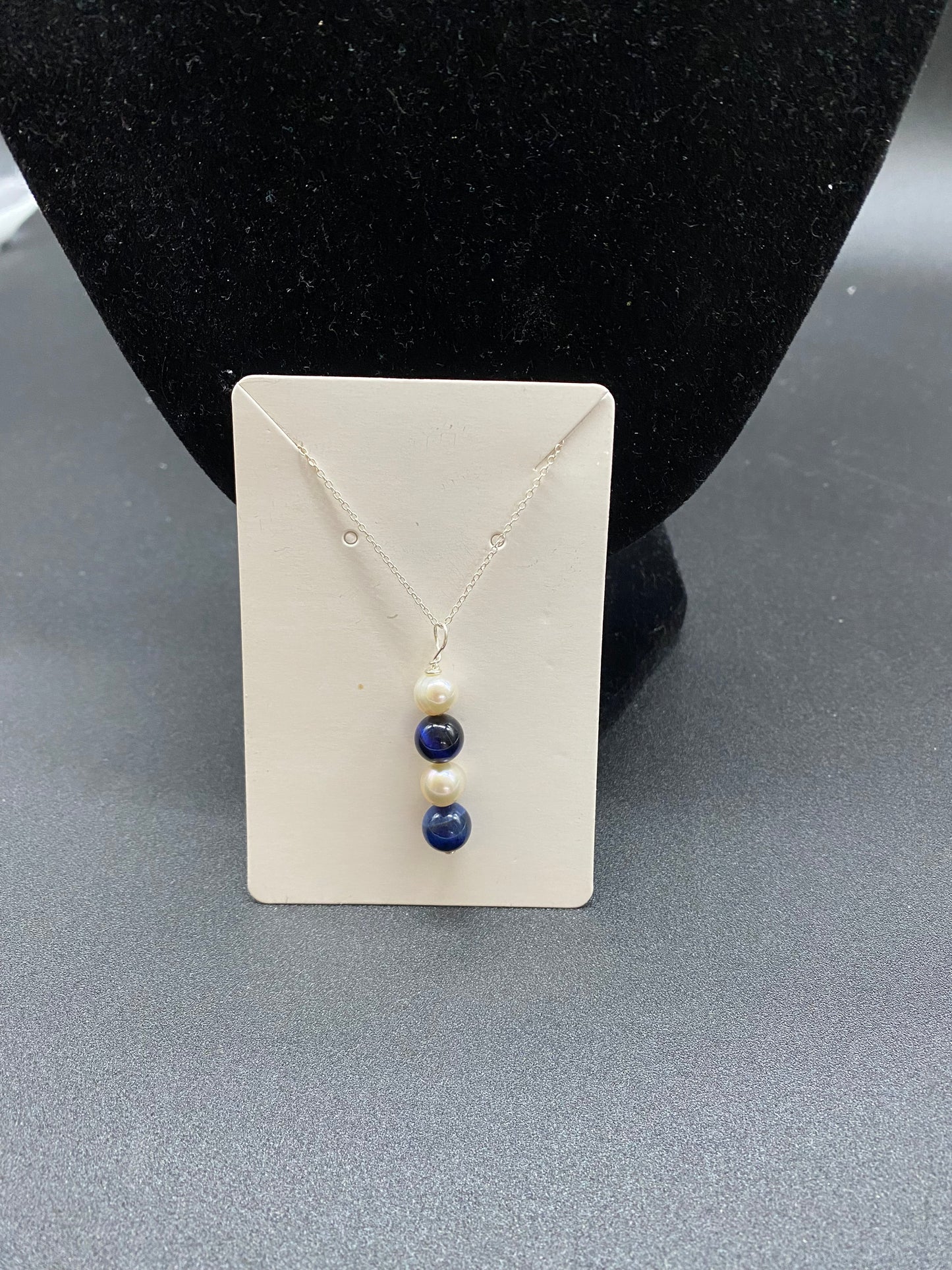 Blue Tiger's Eye & Cultured Pearl Sterling Silver Necklace