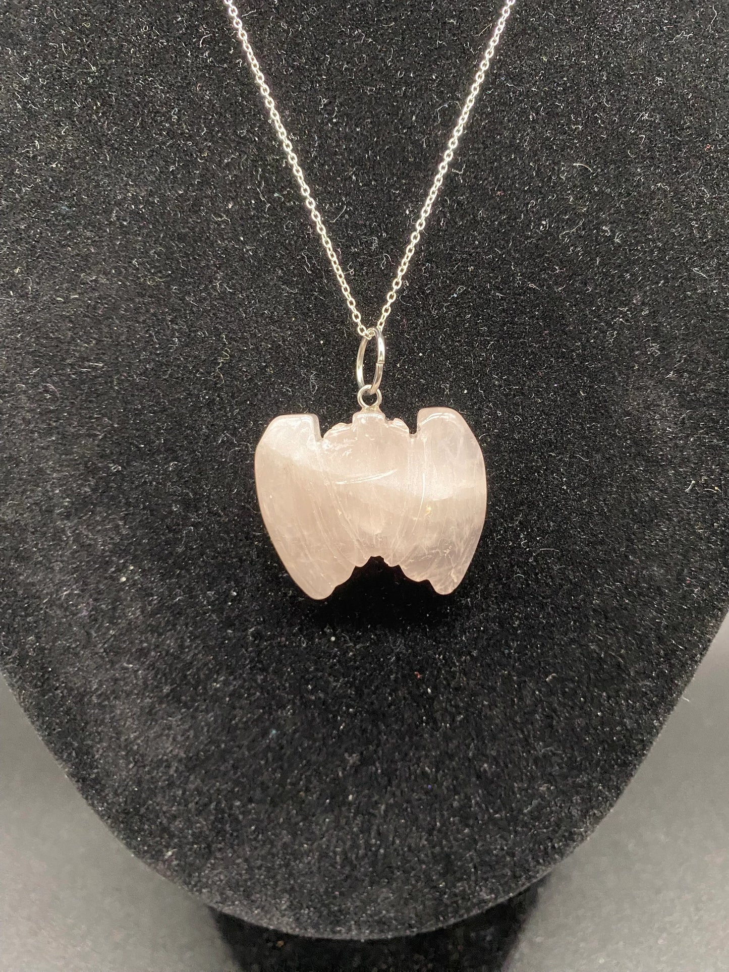 Rose Quartz Carved Bat Pendant Sterling Silver Necklace