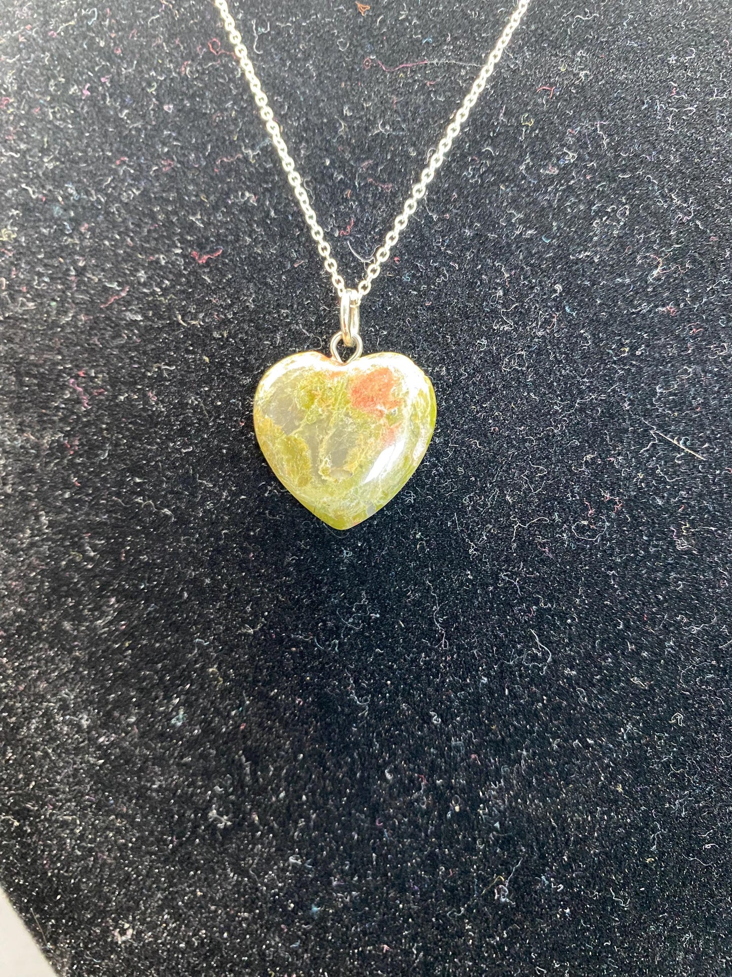 Unakite Carved Heart Sterling Silver Necklace