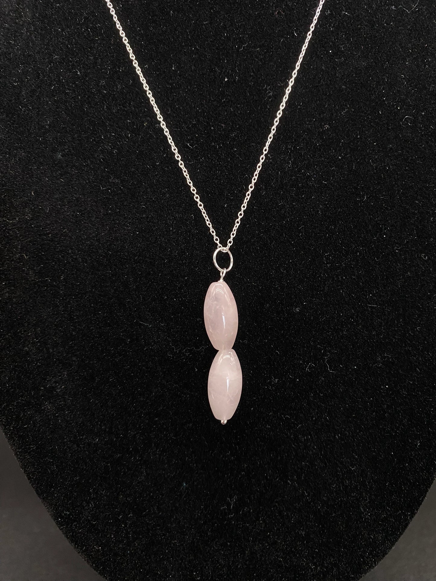 Rose Quartz 2-Bead Rice Drop Pendant Sterling Silver Necklace