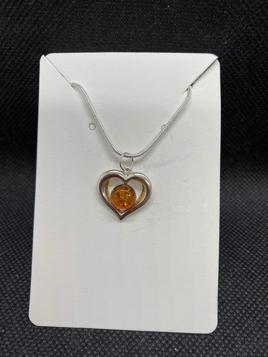 Cognac Amber Heart Sterling Silver Necklace