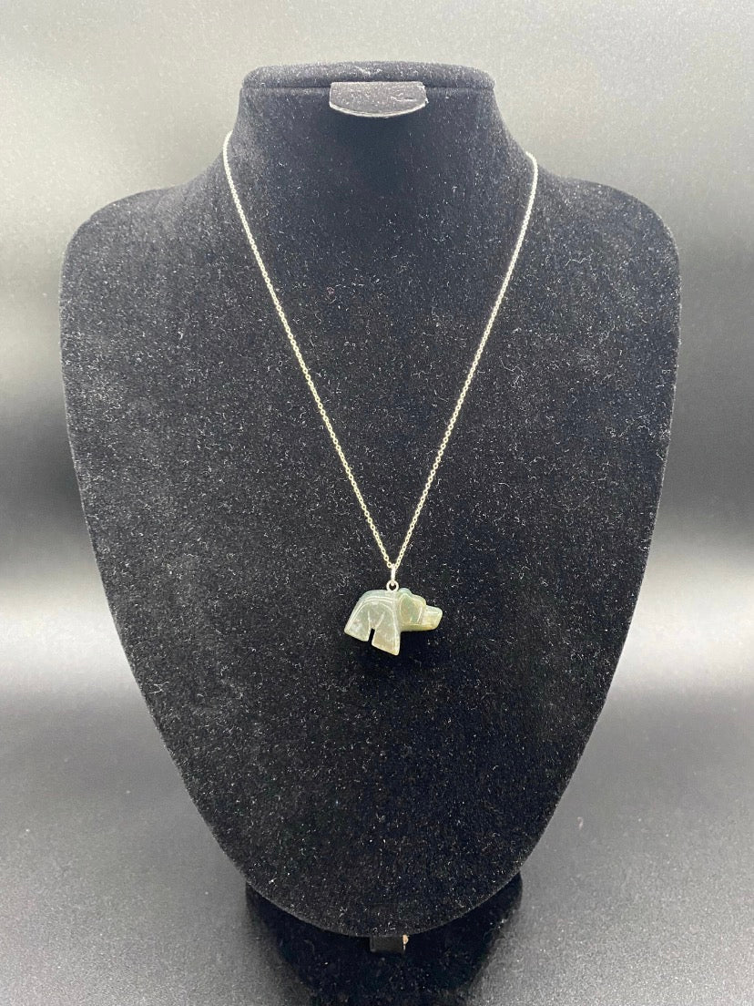 Green Jasper Bear Sterling Silver Necklace | Carved Crystal Animal Pendant