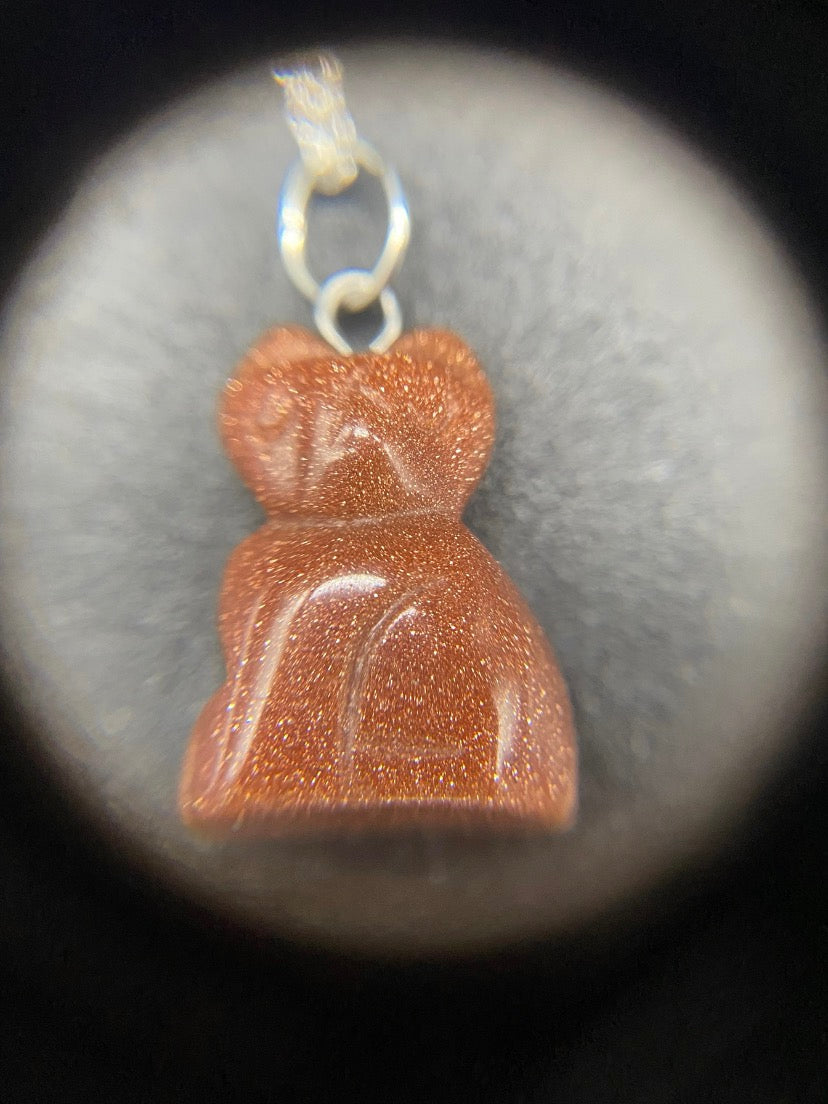 Brown Goldstone Carved Cat Pendant Sterling Silver Necklace