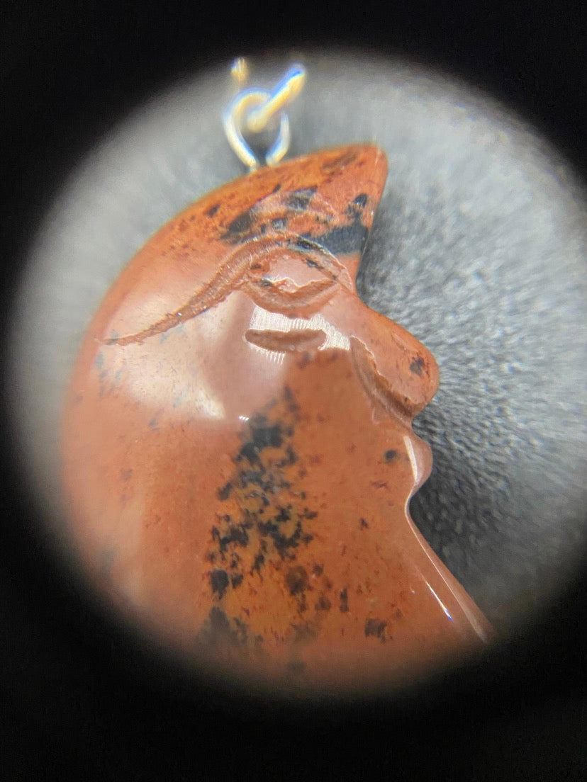 Carved Mahogany Obsidian Crescent Moon Sterling Silver Necklace