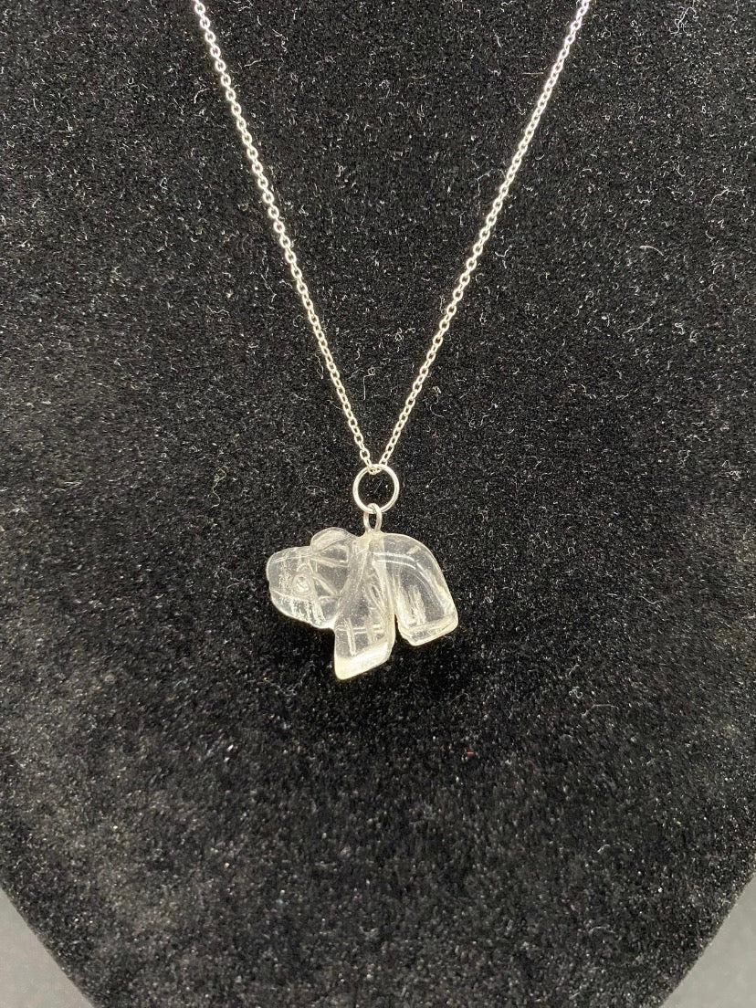 Carved Clear Quartz Elephant Sterling Silver Necklace
