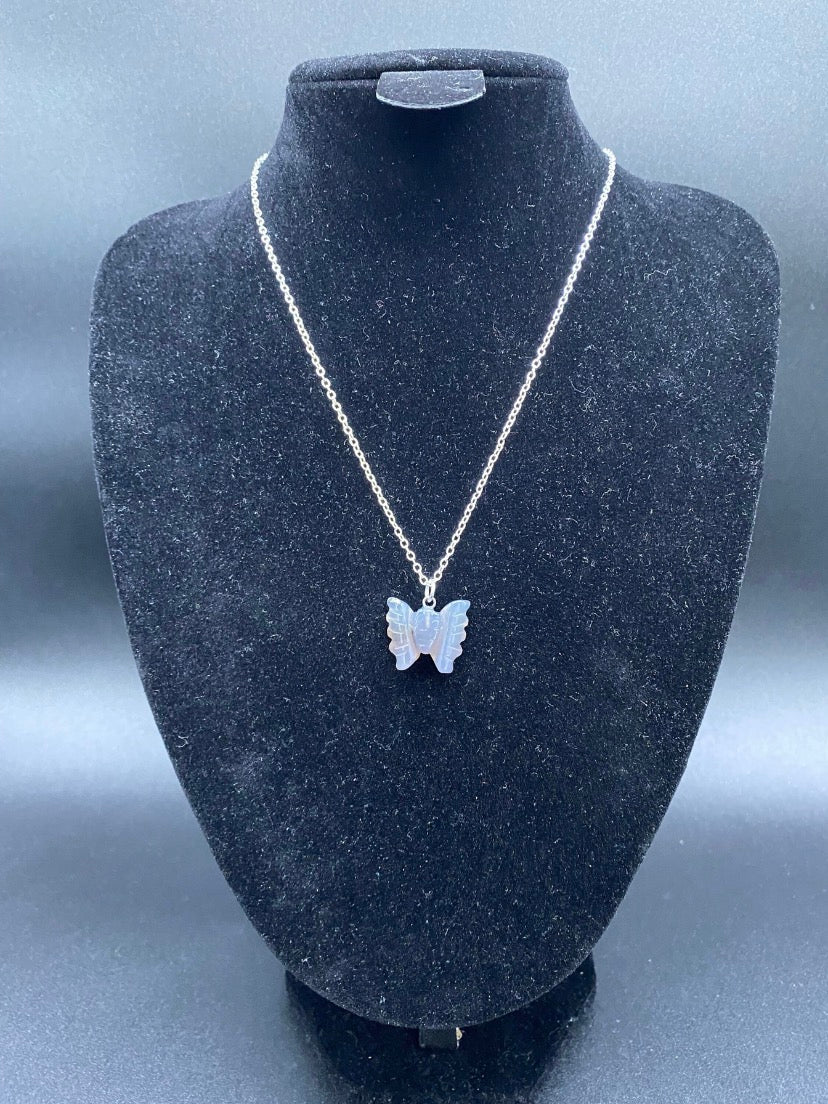Carved Grey Agate Butterfly Sterling Silver Necklace