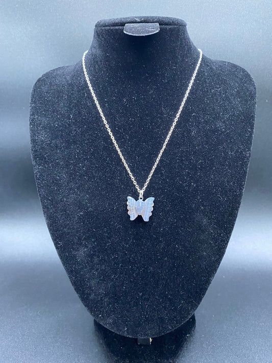 Carved Grey Agate Butterfly Sterling Silver Necklace