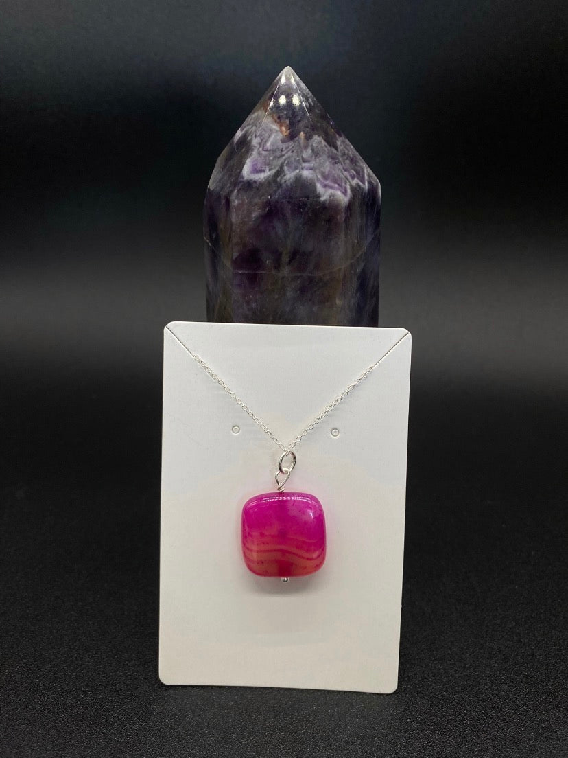Fuchsia Pink Banded Agate Square Cushion Pendant Sterling Silver Necklace