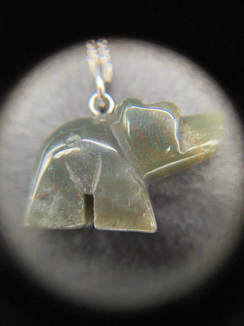 Green Jasper Bear Sterling Silver Necklace | Carved Crystal Animal Pendant