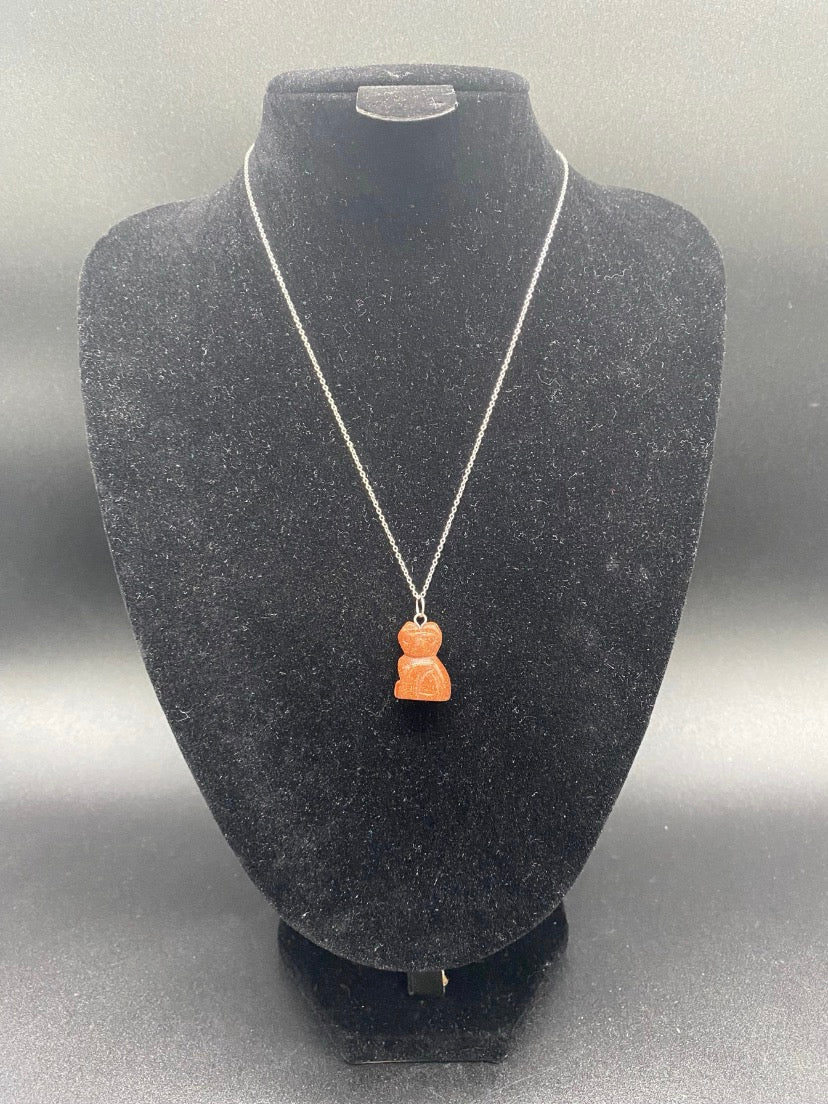 Brown Goldstone Carved Cat Pendant Sterling Silver Necklace