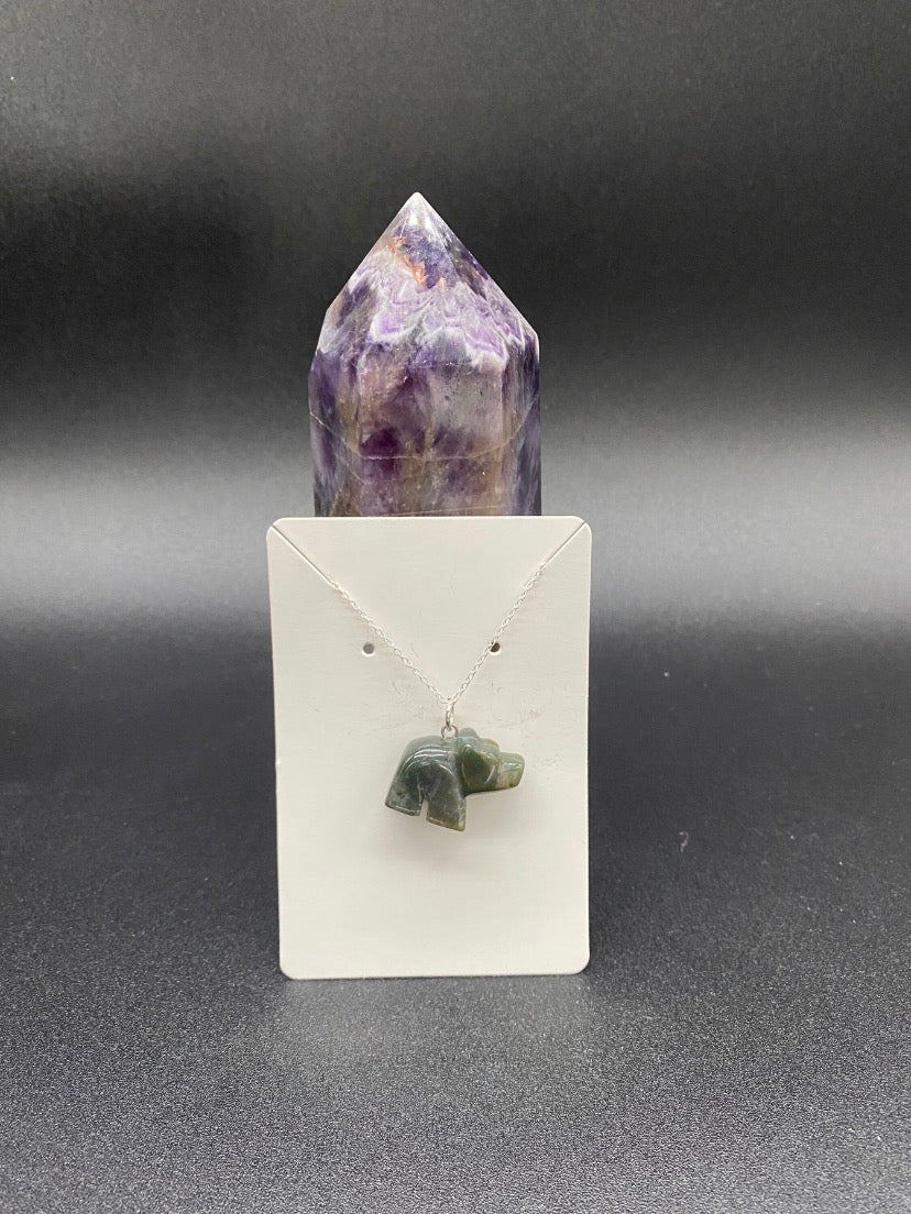 Green Jasper Bear Sterling Silver Necklace | Carved Crystal Animal Pendant