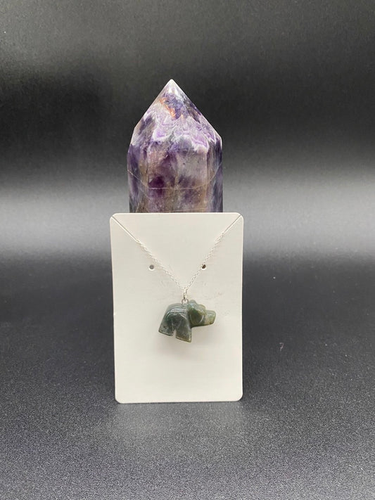 Green Jasper Bear Sterling Silver Necklace | Carved Crystal Animal Pendant