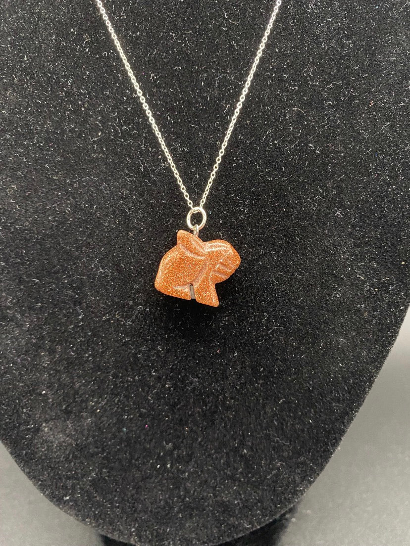 Carved Brown Goldstone Rabbit Pendant Sterling Silver Necklace