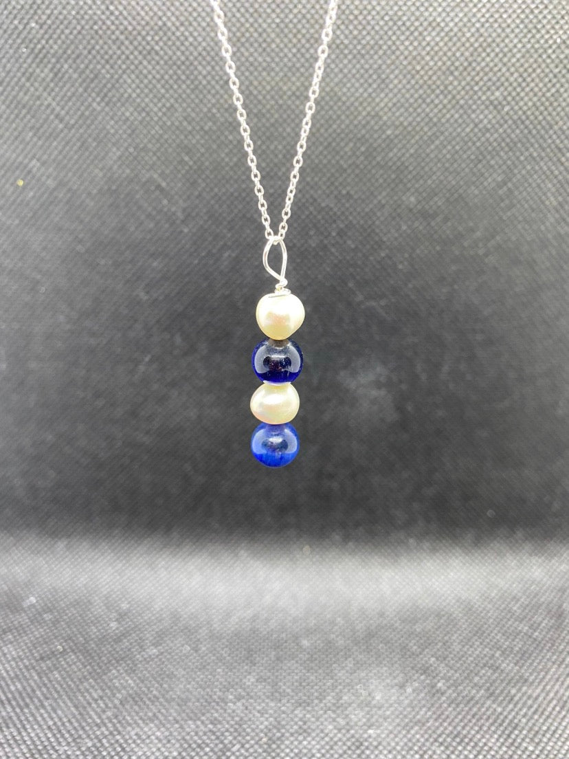 Blue Tiger’s Eye & Freshwater Pearl Drop Sterling Silver Necklace