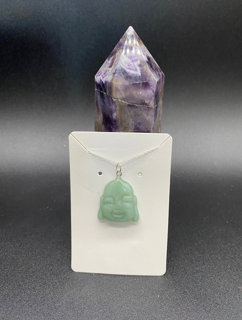 Green Aventurine Carved Buddha Sterling Silver Pendant Necklace