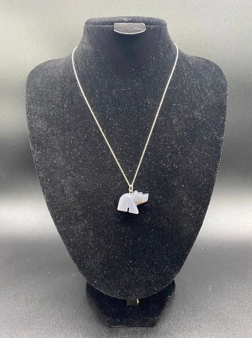 Carved Grey Agate Bear Sterling Silver Necklace