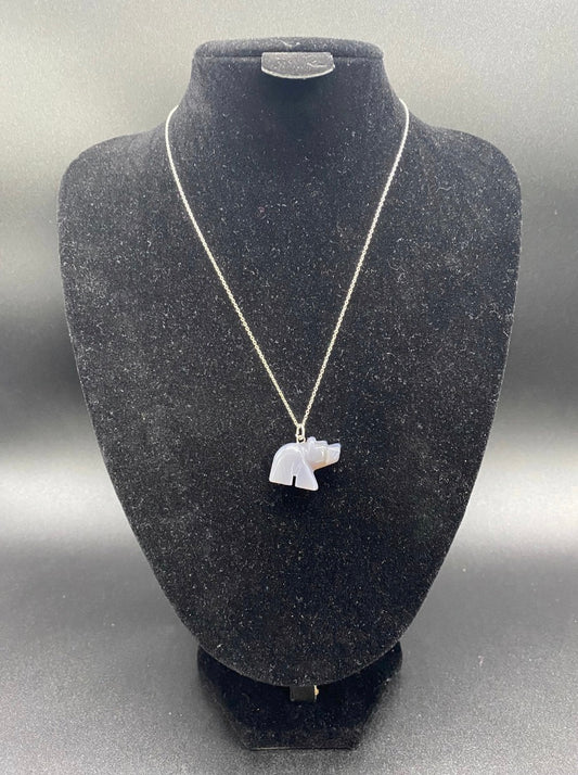 Carved Grey Agate Bear Sterling Silver Necklace